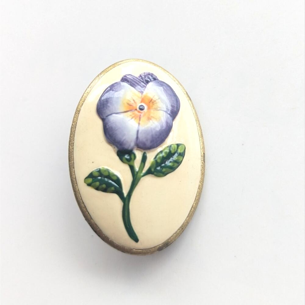 Vintage Estate Cameo Style Cottagecore Floral Painted Pansy Romantic Brooch